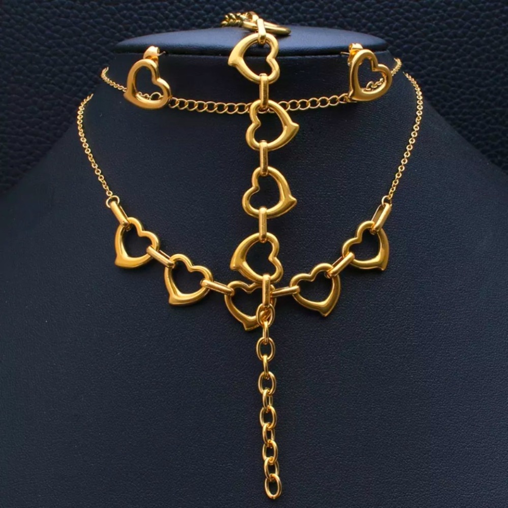 ๐ Stainless Steel Gold Plated Heart Pendant Set Earrings Necklace Bracelet - Picture 1 of 4